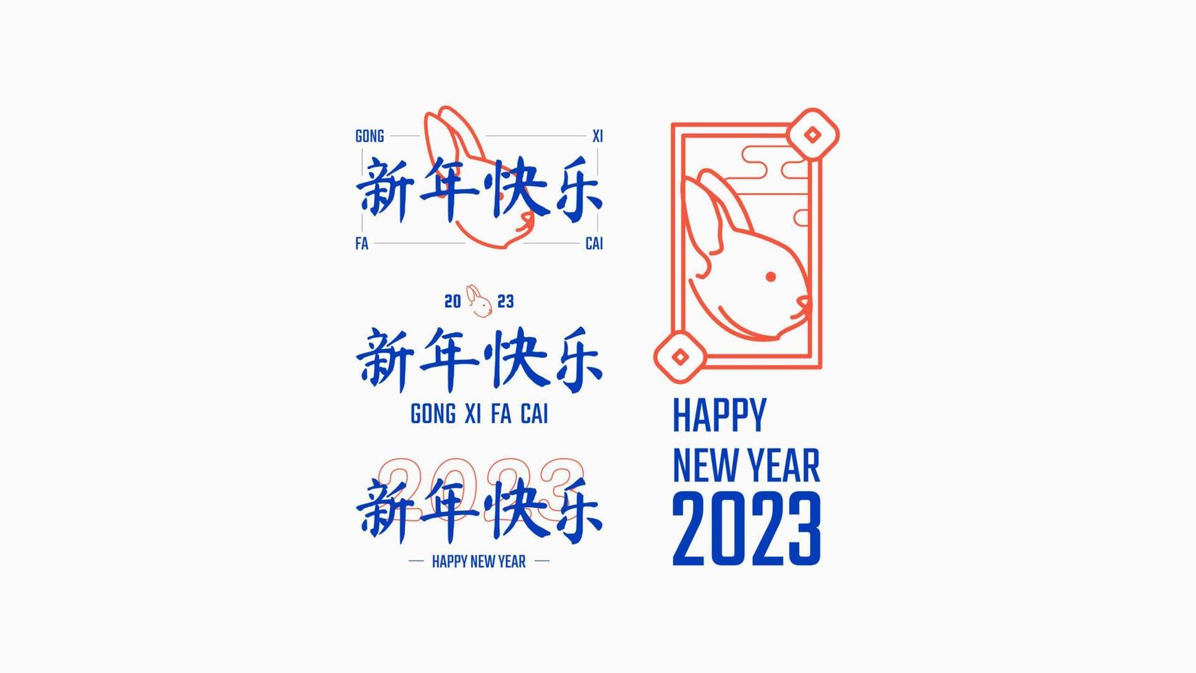 frohes mondneujahrsdesign im minimalen stil. Chinesisches Neujahr. chinesisches zeichen jahr der kaninchengrußkarte. trendiges Label-Dekorationsset. Vektordesign-Elemente mit Hasengesicht. vektor
