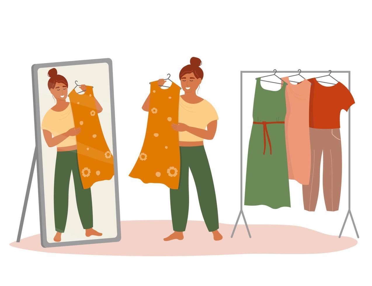 de flicka väljer en klänning från de garderob, utseende på själv i de spegel. en uppsättning av kläder är hängande på en galge. vektor grafik.