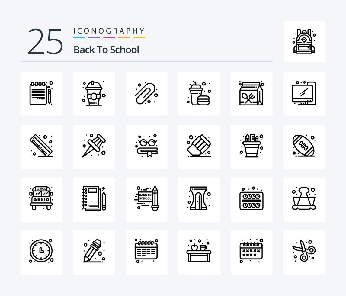 tillbaka till skola 25 linje ikon packa Inklusive utbildning. kartong. tillbaka till skola. mat. dryck vektor