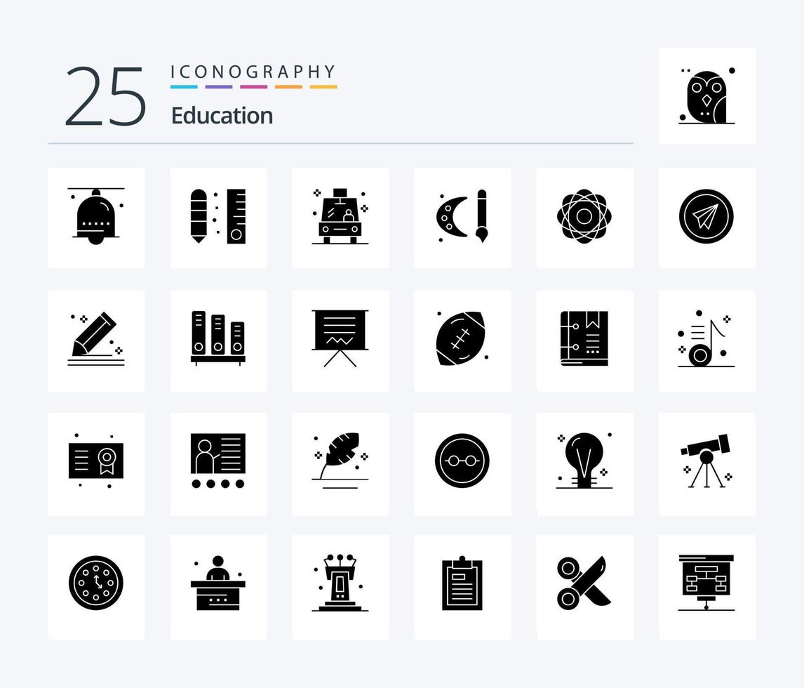 Bildung 25 solides Glyphen-Icon-Pack inklusive Malpinsel. Farbpalette. Herrscher. Kunst. Fahrzeug vektor