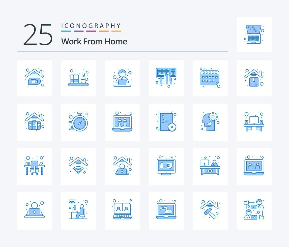 Arbeit von zu Hause aus 25 blaue Symbolpakete einschließlich Eingabe. Klaviatur. Datei. Kodierung. Zeit vektor