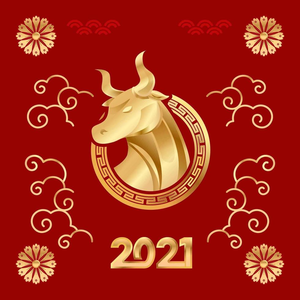 kinesiskt nyår gyllene oxe i röd bakgrund vektor