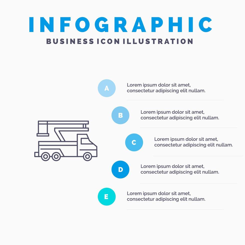 Kran-LKW-Lift heben Transport Liniensymbol mit 5 Schritten Präsentation Infografiken Hintergrund vektor