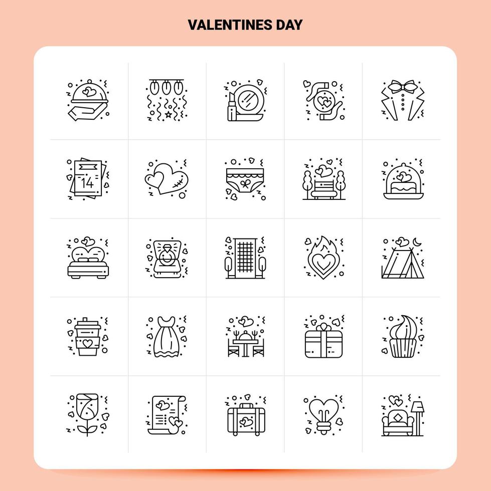 Umriss 25 Valentinstag Icon Set Vektor Linienstil Design schwarze Icons Set lineare Piktogramm Pack Web und mobile Geschäftsideen Design Vektor Illustration