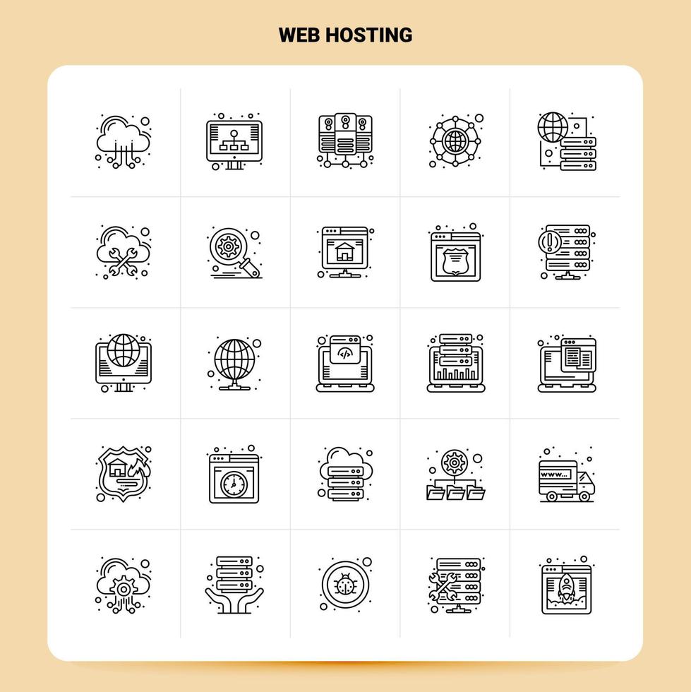 Umriss 25 Web-Hosting-Icon-Set Vektor-Linienstil-Design Schwarze Symbole setzen lineares Piktogramm-Paket Web- und mobile Geschäftsideen entwerfen Vektor-Illustration vektor