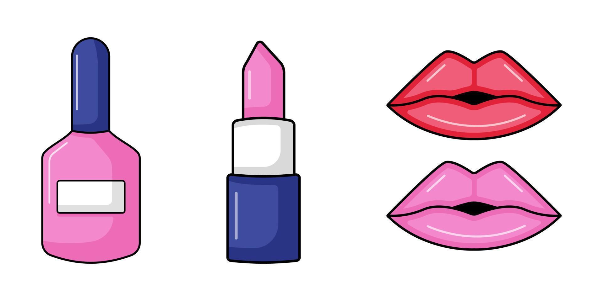 Set aus Lippenstift, Nagellack und Lippen im Retro-Stil vektor