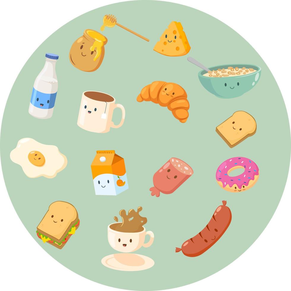 söt tecknad serie frukost element med croissant flingor mjölk ost te. premie vektor