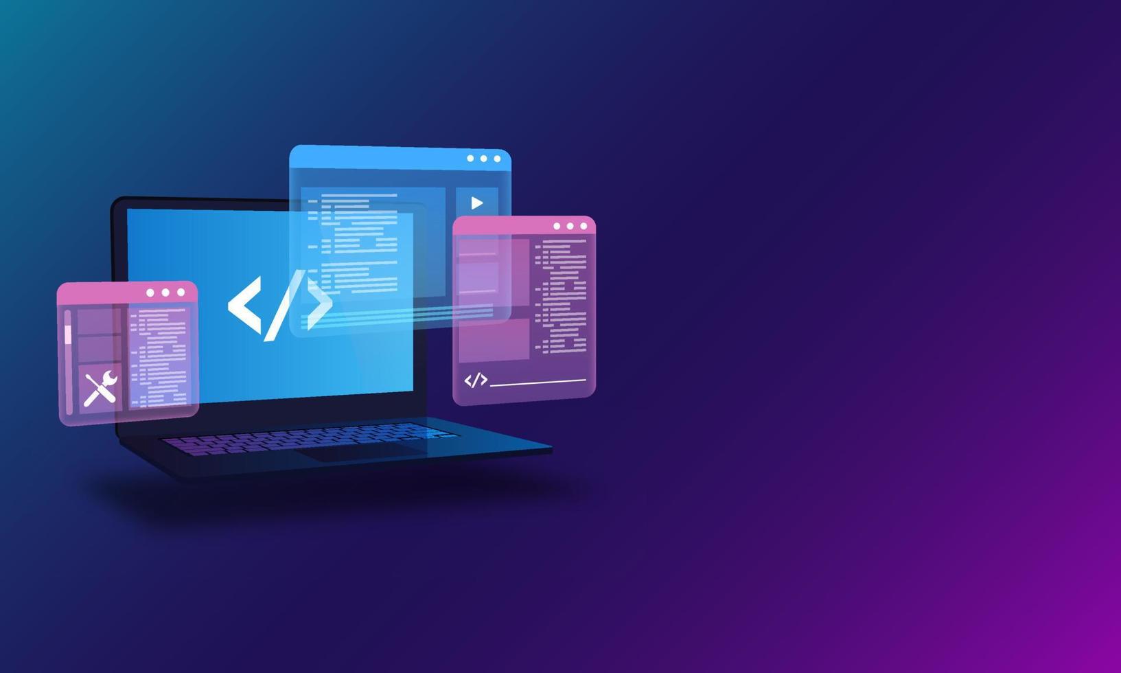 webentwicklung, programmierung und codetest ui-konzept mit laptop, der futuristischen code anzeigt vektor