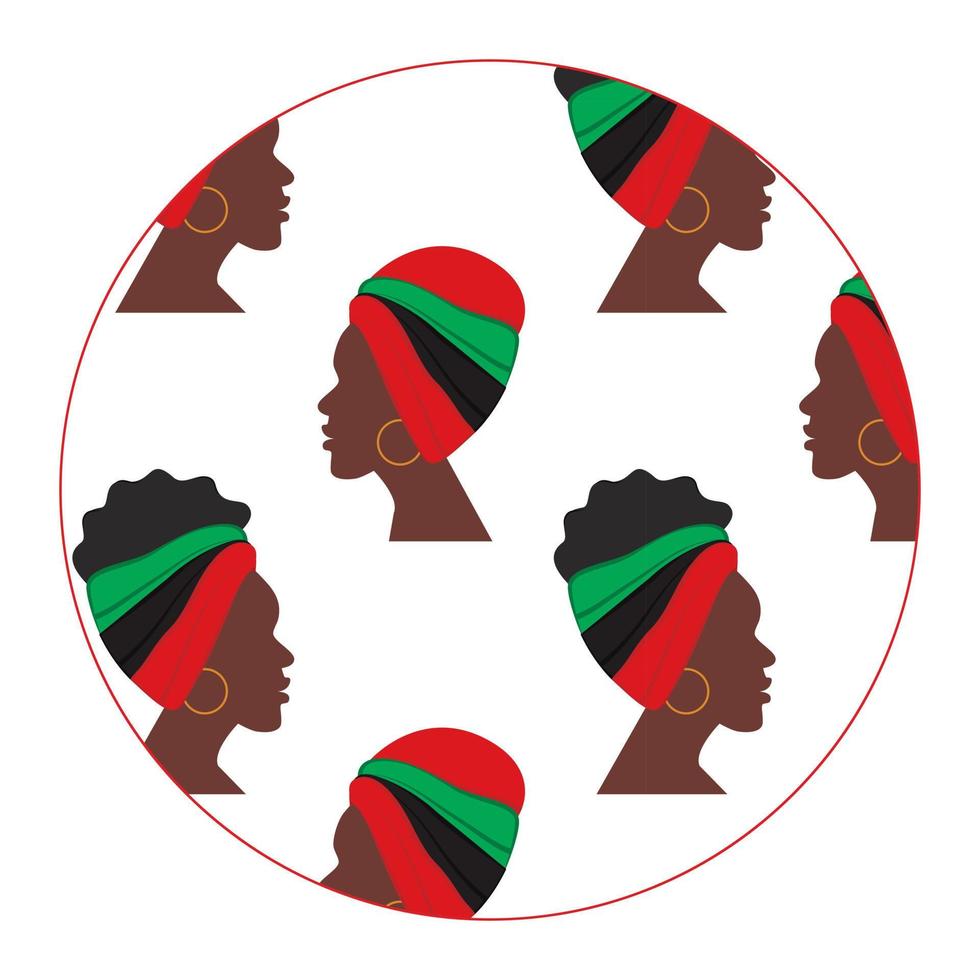 översikt cirkel form med en mönster från de profil av afrikansk kvinnor vände sig i annorlunda vägbeskrivning vektor