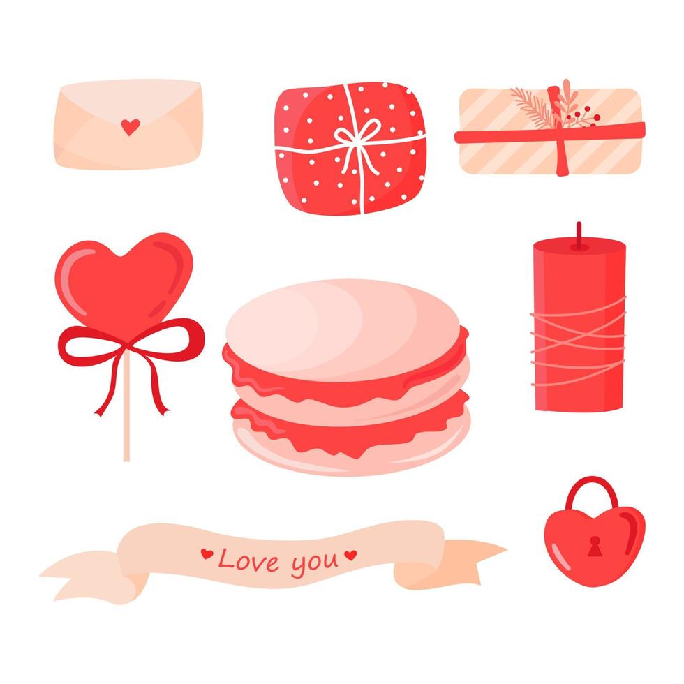 uppsättning av element för st. valentines dag i klotter stil på vit bakgrund. gåva, hjärta, ballong, nyckel, godis, paraply. klistermärke tecknad serie stil. vektor
