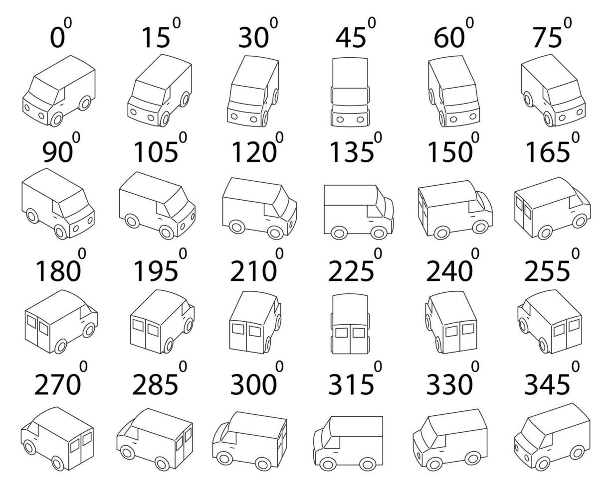 en uppsättning av 24 minibussar från annorlunda vinklar. vektor