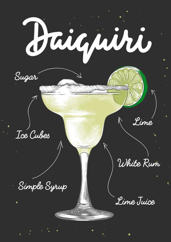 Vektorgravierte Daiquiri-Cocktail-Illustration für Poster, Dekoration, Logo und Druck. handgezeichnete skizze mit beschriftung und rezept, getränkezutaten. detaillierte bunte Zeichnung. vektor