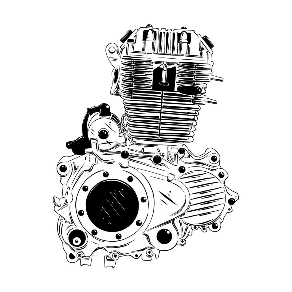 vektorgravierte Illustration für Poster, Dekoration und Druck. hand gezeichnete skizze des moto-motors in schwarz isoliert auf weißem hintergrund. detaillierte Zeichnung im Vintage-Radierungsstil. vektor