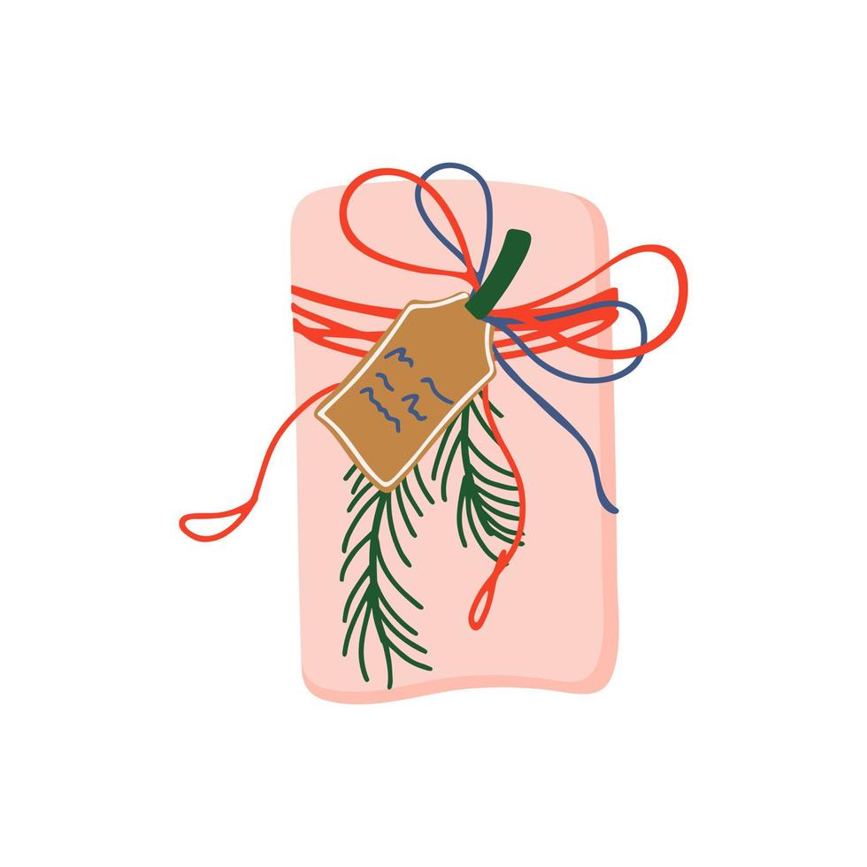 geschenkbox verpackt mit rosa papier, schnur, kiefer und etikett. Winterurlaub vorhanden. einzelne Vektorillustration im flachen Stil. vektor