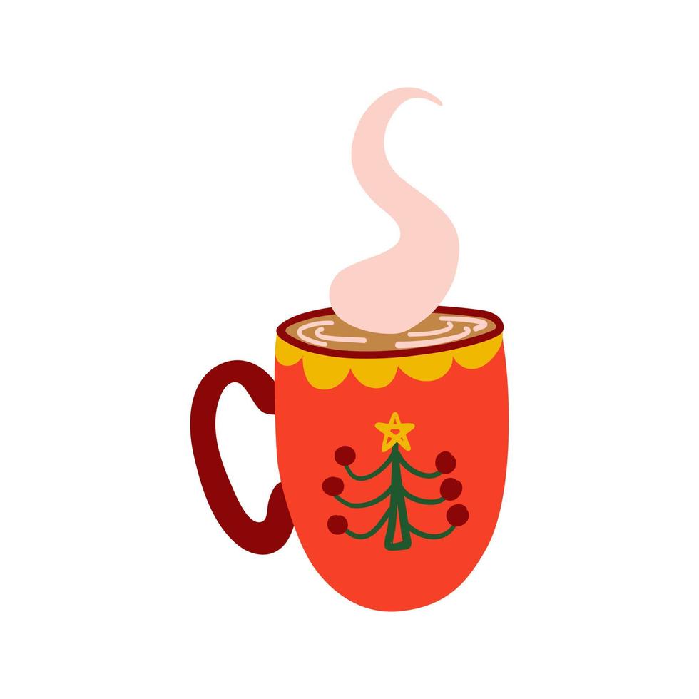 urlaubstasse mit heißem getränk und dampf. süßes keramikgeschirr mit weihnachtsbaum. vektor