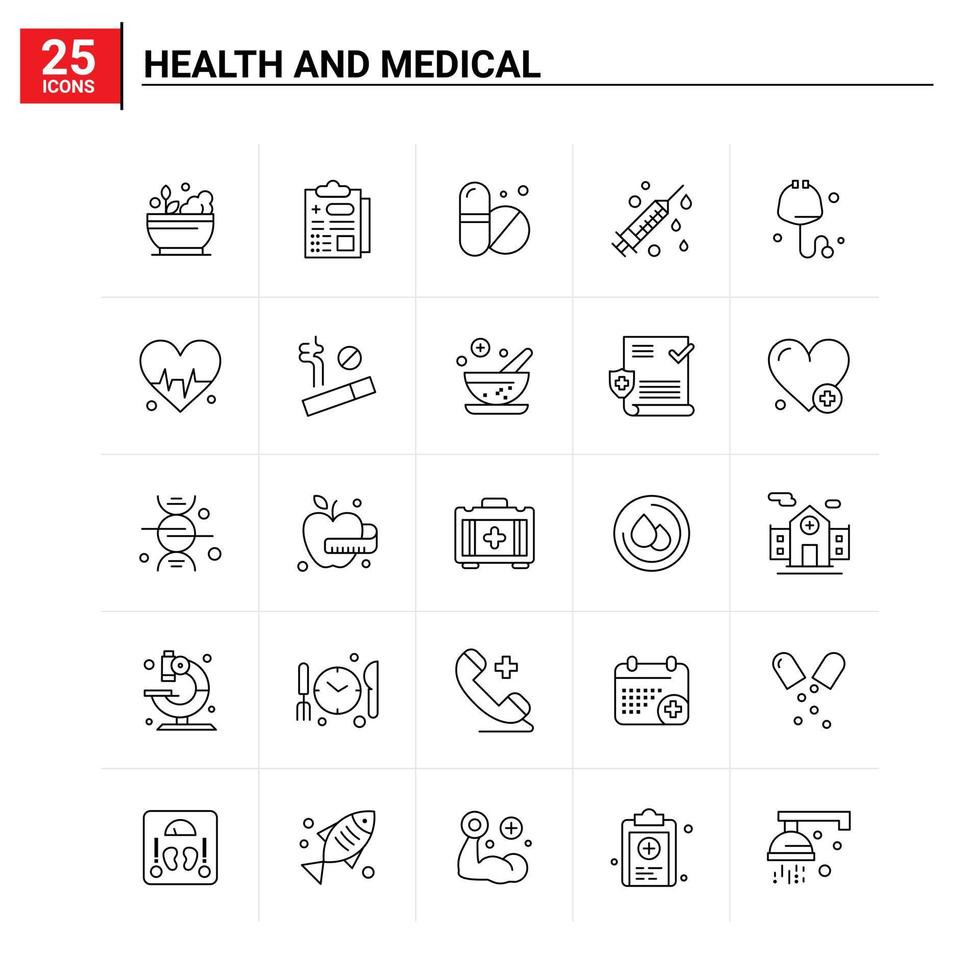 25 hälsa och medicinsk ikon uppsättning vektor bakgrund