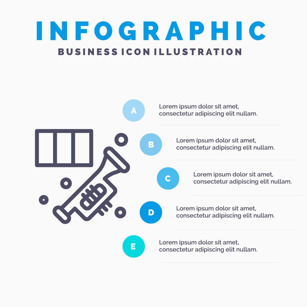 mässing horn instrument musik trumpet linje ikon med 5 steg presentation infographics bakgrund vektor