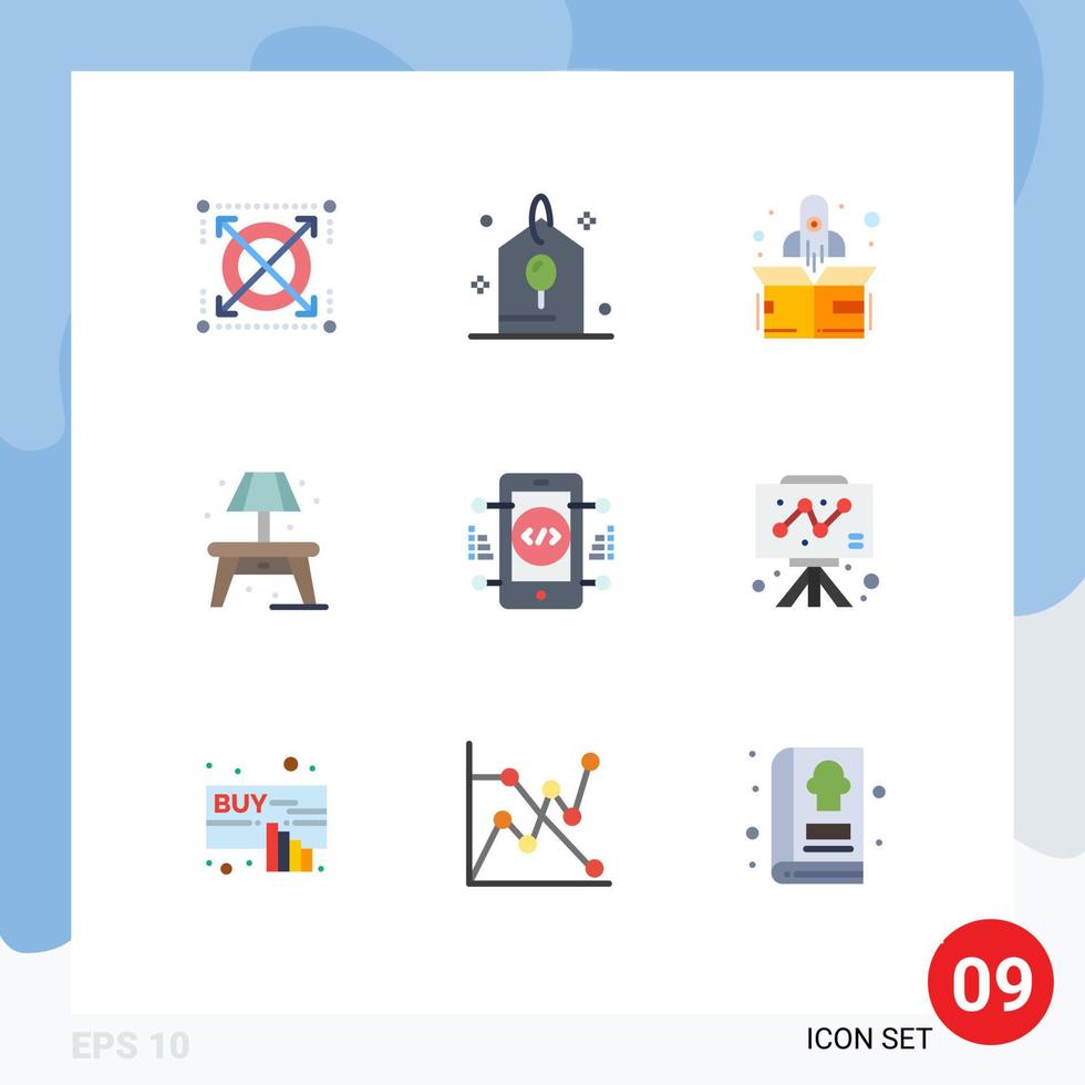 Stock Vector Icon Pack mit 9 Zeilenzeichen und Symbolen für die Webentwicklung Raketencodierung lebende editierbare Vektordesign-Elemente