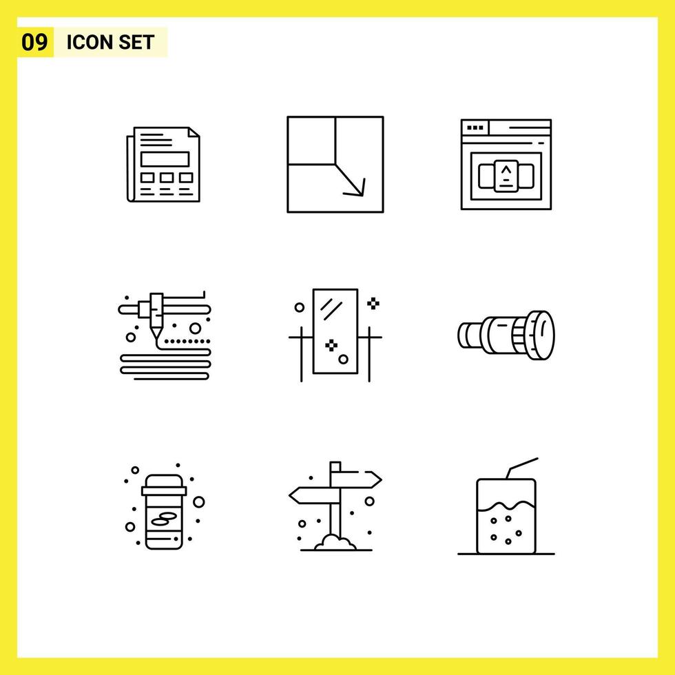 Packung mit 9 modernen Umrisszeichen und Symbolen für Web-Printmedien wie Reflexionspflegecode-Aufbereiter, die editierbare Vektordesign-Elemente drucken vektor