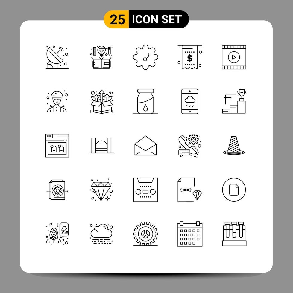 Stock Vector Icon Pack mit 25 Zeilenzeichen und Symbolen für Medien Geld Idee Rechnung Rechnung editierbare Vektordesign-Elemente