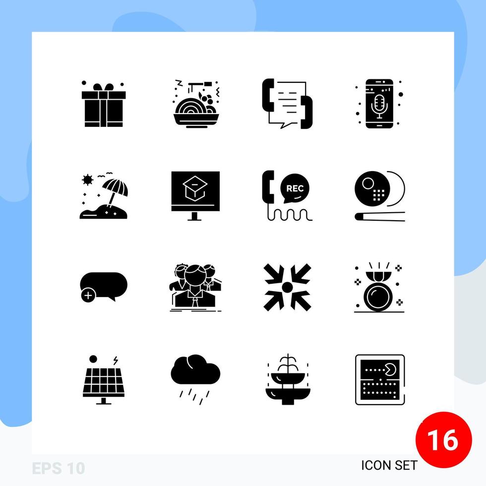användare gränssnitt packa av 16 grundläggande fast glyfer av paraply telefon inspelare kommunikation musik inspelare mobil app redigerbar vektor design element