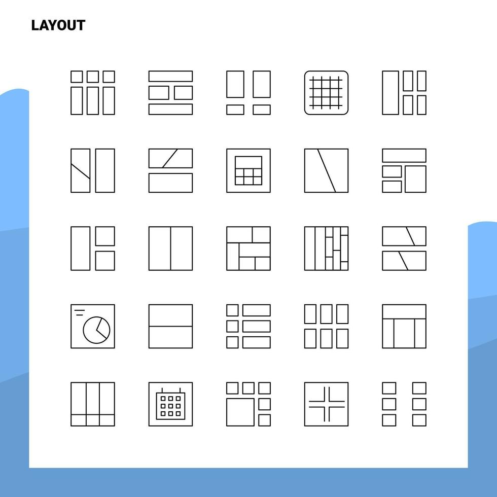 Satz von Layout-Liniensymbolen Set 25 Symbole Vektor-Minimalismus-Stildesign Schwarze Symbole setzen lineares Piktogrammpaket vektor