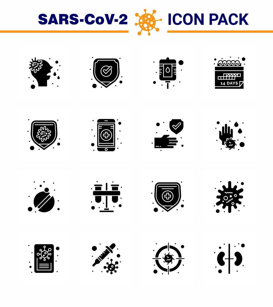 covid19 Schutz Coronavirus pendamic 16 solides Glyphen-Schwarz-Icon-Set wie Krankheitsschutz-Blutplan-Ereignis virales Coronavirus 2019nov Krankheitsvektor-Designelemente vektor