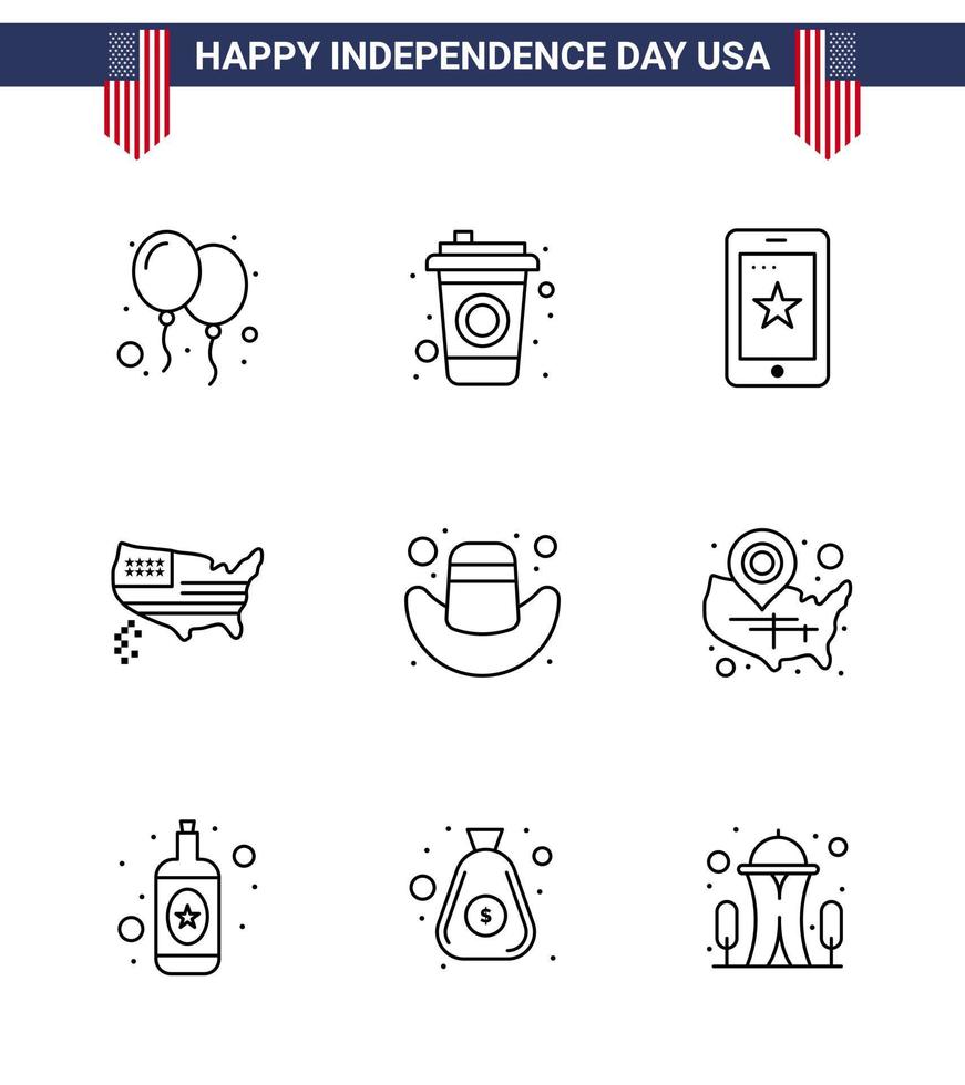 Lycklig oberoende dag USA packa av 9 kreativ rader av hatt amerikan telefon USA Karta redigerbar USA dag vektor design element