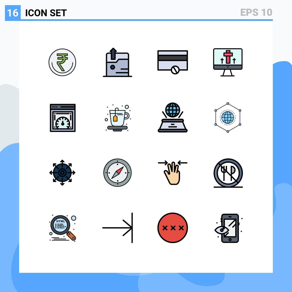 Gruppe von 16 modernen, flachen, farbgefüllten Linien, die für Dashboard-Ostertechnologie-Bildschirmzahlungen gesetzt werden, editierbare kreative Vektordesign-Elemente vektor