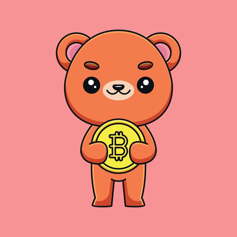 niedlicher bär, der bitcoin-karikaturmaskottchen-gekritzelkunsthandgezeichnete umrisskonzeptvektorkawaii-ikonenillustration hält vektor