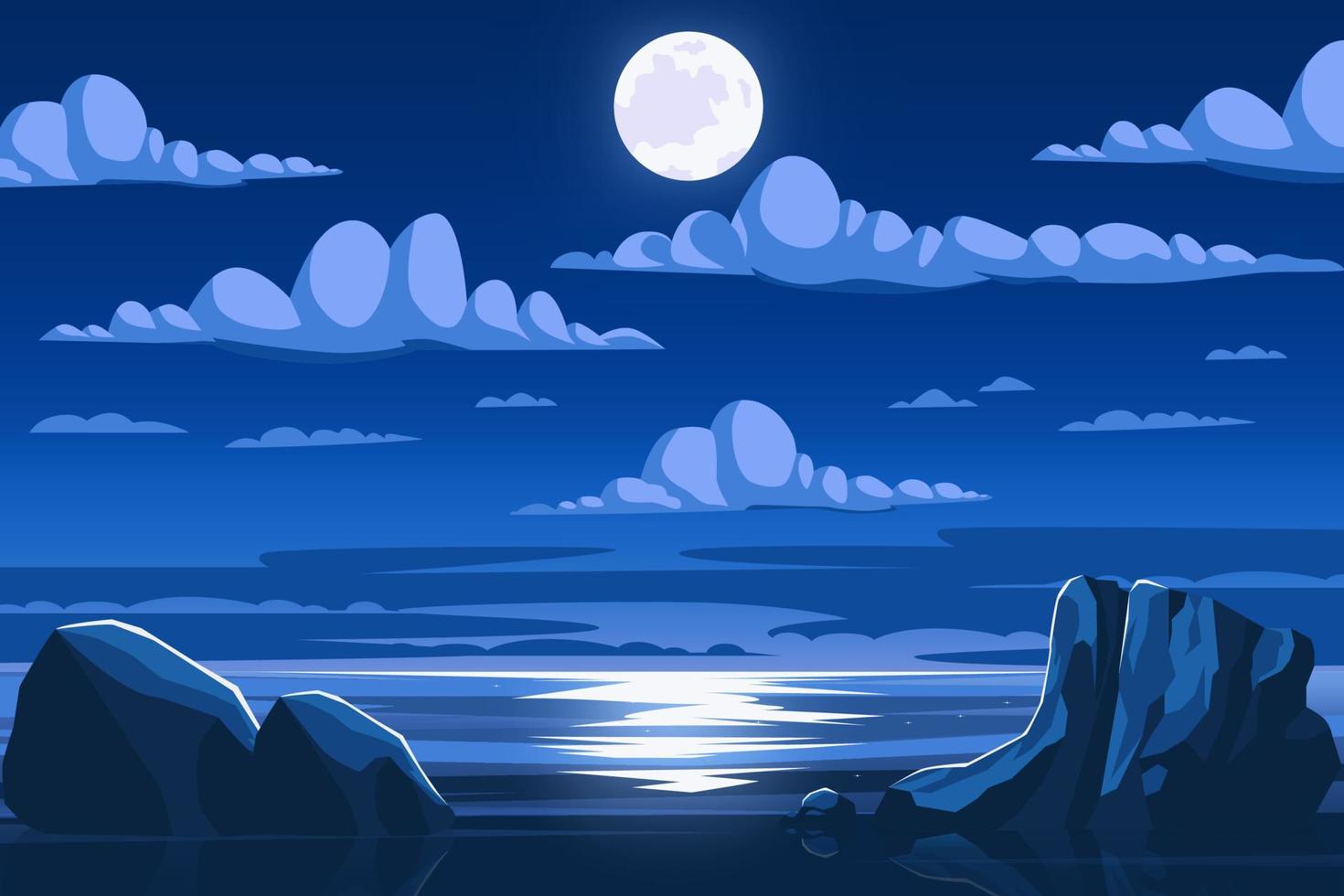 meer ozean landschaft nachts mit vollmond und wolkenhintergrund vektorillustration vektor