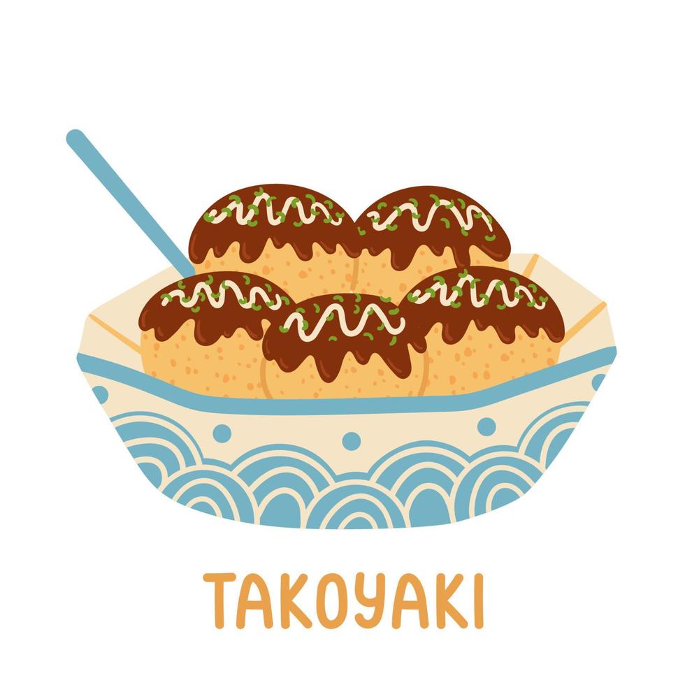 takoyaki bollar eller bläckfisk bollar asiatisk mat vektor illustration. söt känd japansk mellanmål i en båt formad behållare och kinesisk ätpinnar