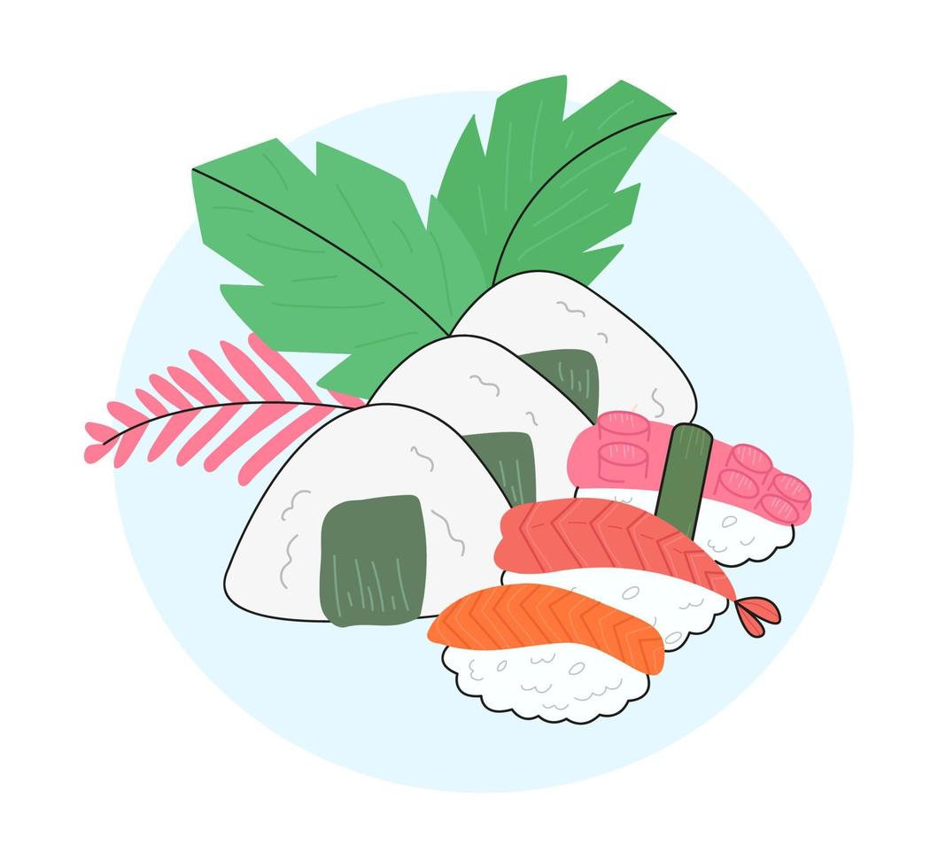 uppsättning av sushi av annorlunda nigiri och onigiri med bläckfisk och lax vektor