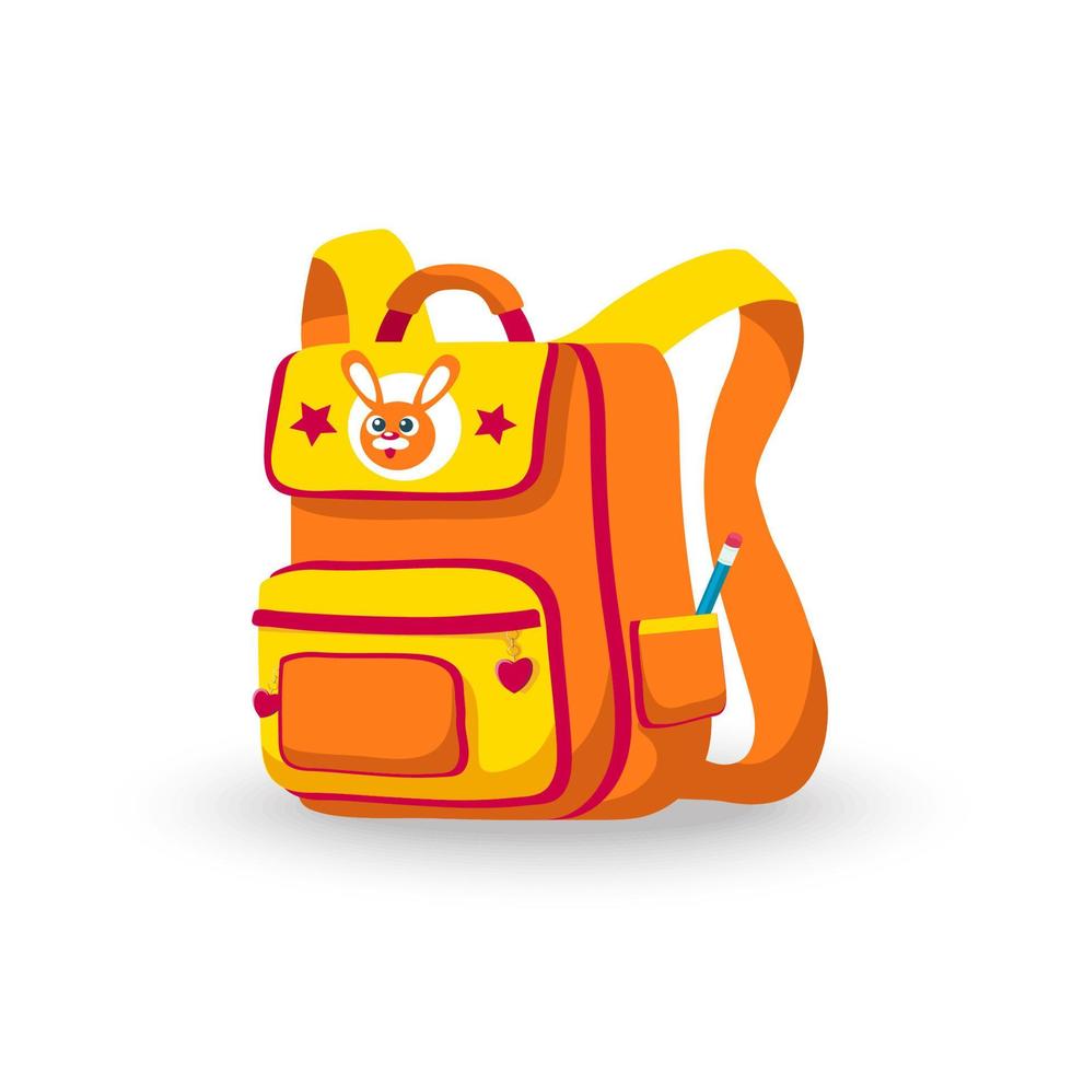 Schul- und Vorschulrucksack, leuchtend orange und gelb, mit Taschen und Reißverschlüssen, mit Hasenabzeichen und Sternen, Bleistift in der Seitentasche. Vorder- oder Dreiviertelansicht, geschlossen vektor