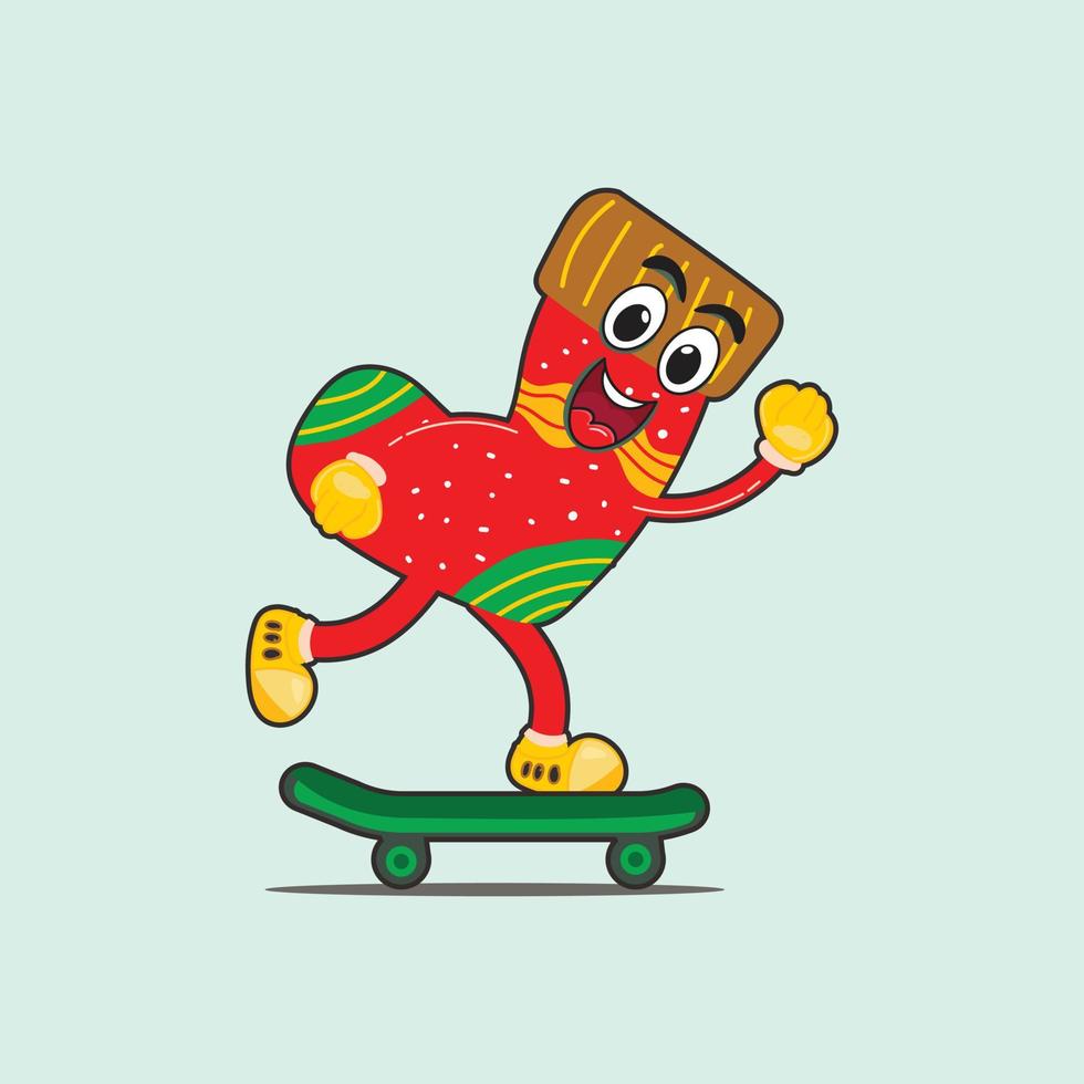 Maskottchen Weihnachten Zeichentrickfigur Vektordesign. illustrationscharakter klettern das skateboard hinauf vektor