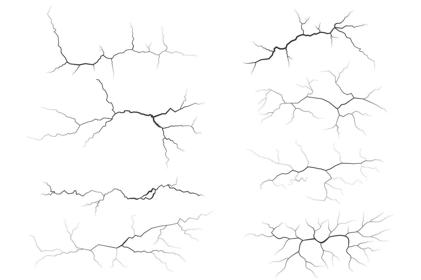 sprickor samling på vägg, jord eller sten. repor rader på ytor. blixt- och åskväder vektor illustrationer. spricka på jord och is. grafisk explosioner texturer med hål.