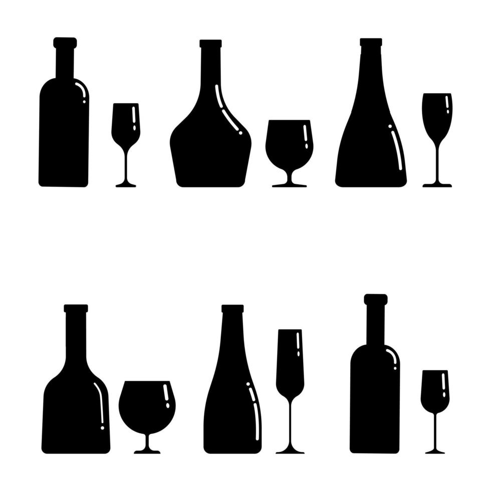 eine reihe von silhouetten von alkoholflaschen und gläsern in verschiedenen formen. Vektorclipartisolat auf Weiß vektor