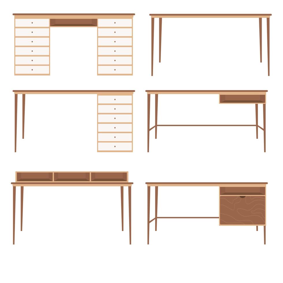 samling av trä- dator skrivbord, arbetssätt tabell, pc skrivbord vektor i platt design stil