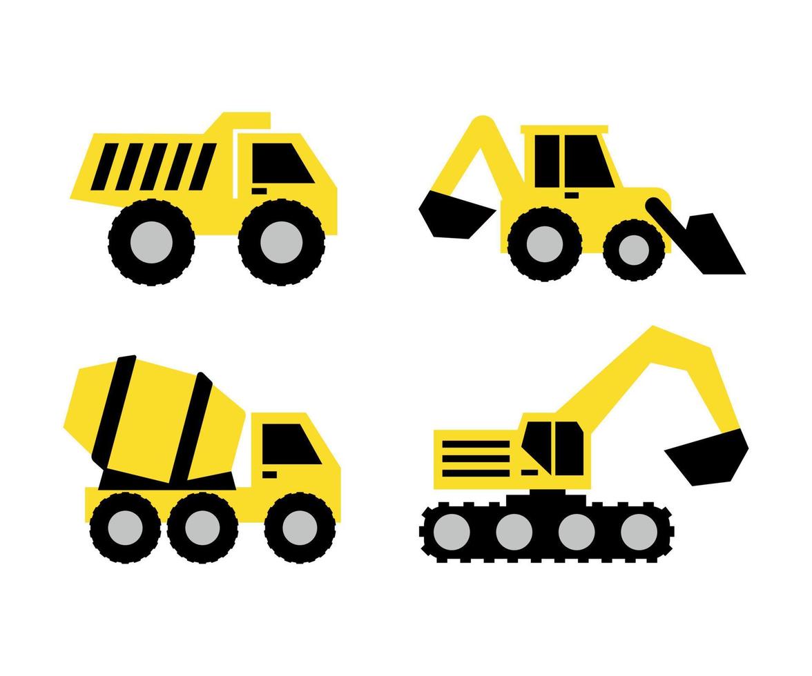 Set Baufahrzeug isoliert auf weißem Hintergrund. illustration mit gelben autos lkw, planierraupe und betonmischer. vektor
