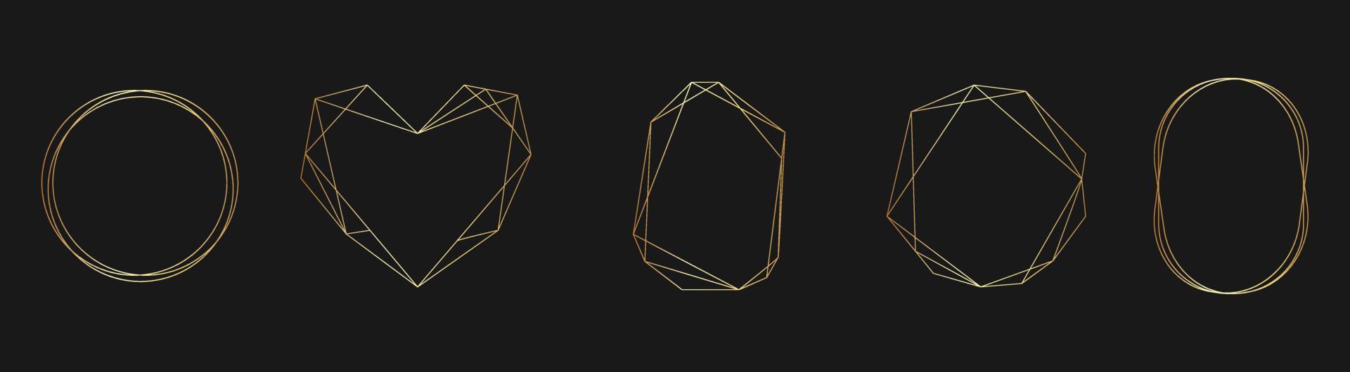 uppsättning av gyllene vektor ramar för inbjudningar, lyx dekor i konst deco stil. abstrakt geometrisk tunn linje sexhörning trendig gränser