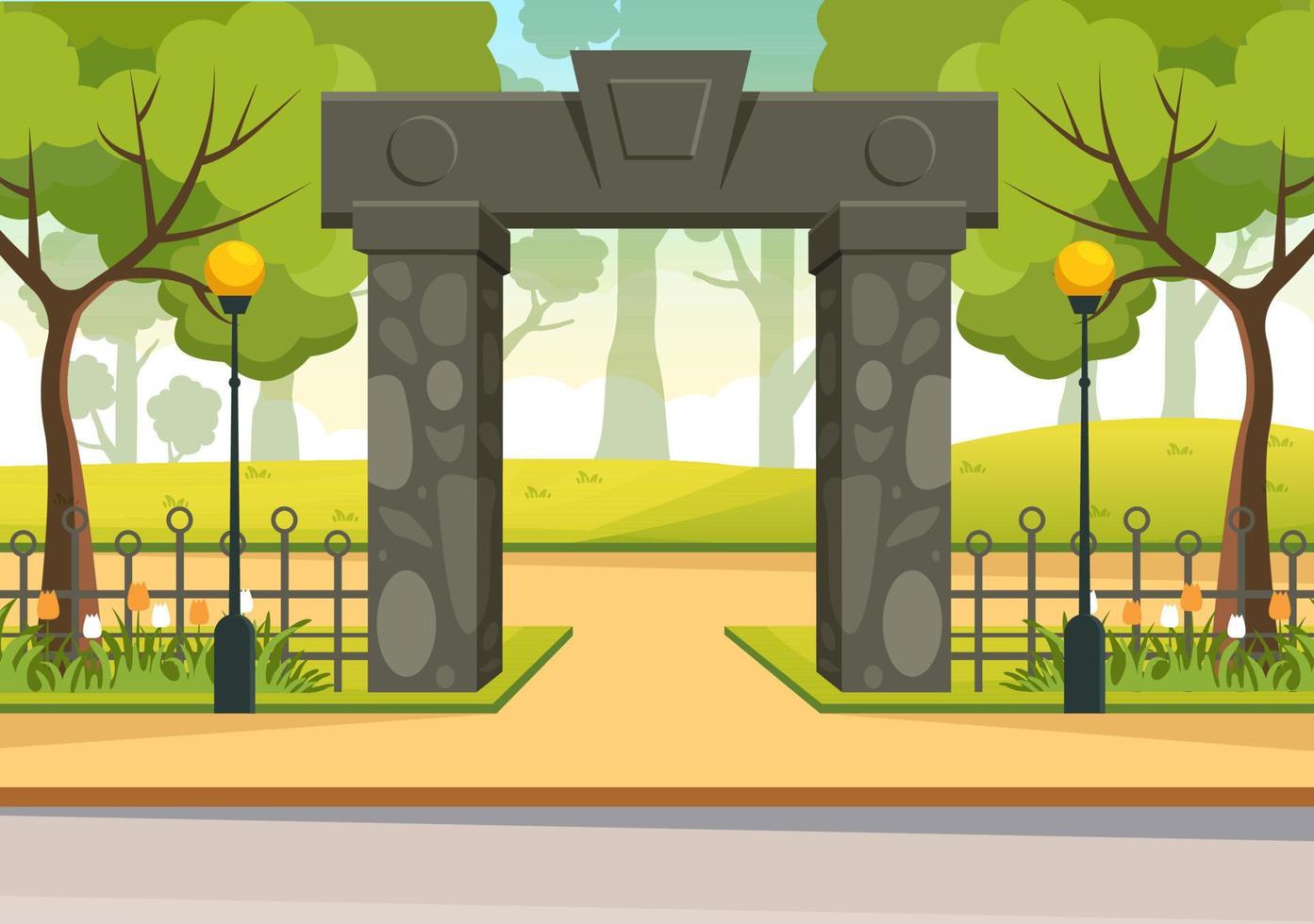 Portal mit Steinbogeneingang der Sommerlandschaft zum öffentlichen Park, zum grünen Gras oder zum Garten in der flachen gezeichneten Schablonenillustration der Karikatur Hand vektor