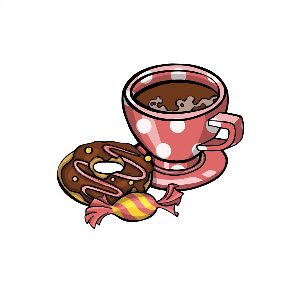 tasse kaffee mit donut- und süßigkeitsillustration vektor