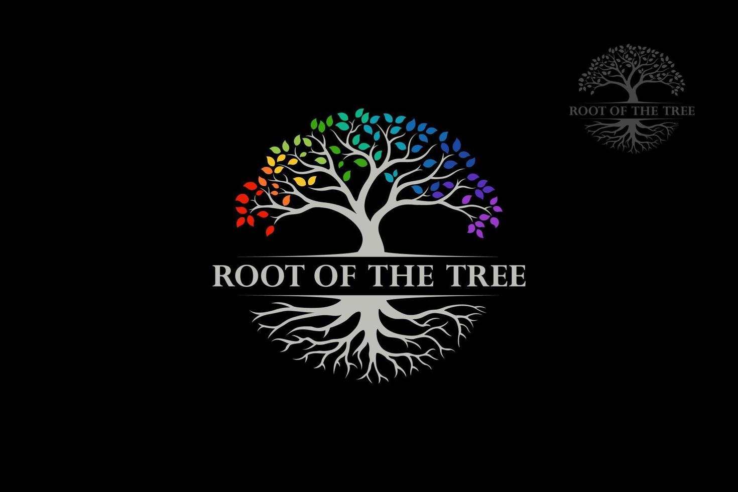 Wurzel des Baumregenbogens - Vektorgrafik des Logos. Dieses Logo symbolisiert Schutz, Frieden, Ruhe, Wachstum und Fürsorge oder Sorge um die Entwicklung auf schwarzem Hintergrund. vektor