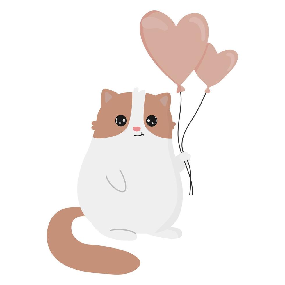 söt tecknad serie katt med ballonger. Lycklig hjärtans dag hälsning kort. vektor illustration.