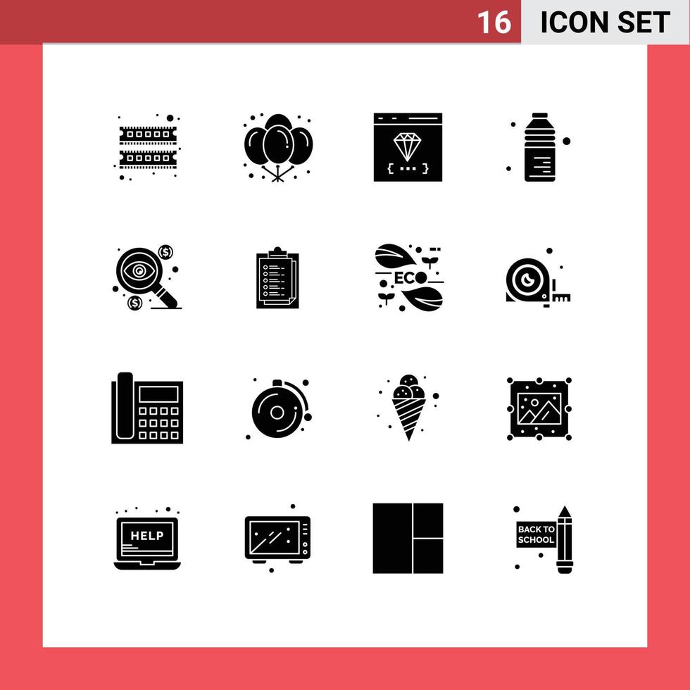 Gruppe von 16 soliden Glyphenzeichen und Symbolen für die Entwicklung von bearbeitbaren Vektordesignelementen für Geschäftslebensmittel-Apps vektor