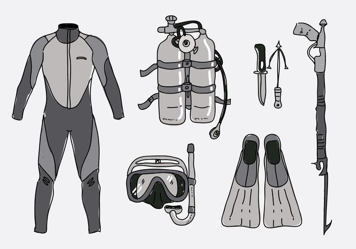 Spearfishing Equipment Collection Handdragen Vector Illustration