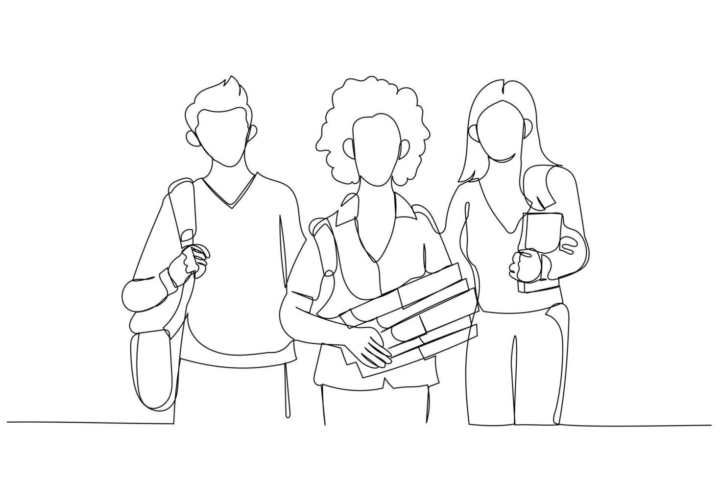 karikatur einer glücklichen gruppe von studenten, die draußen notizbücher halten. einzeiliger Kunststil vektor