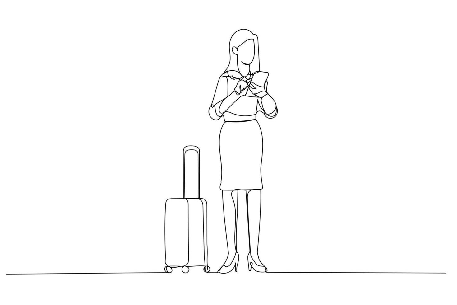 Zeichnung einer Geschäftsfrau mit einem Koffer, die ins Büro geht. Kunststil mit einer durchgehenden Linie vektor