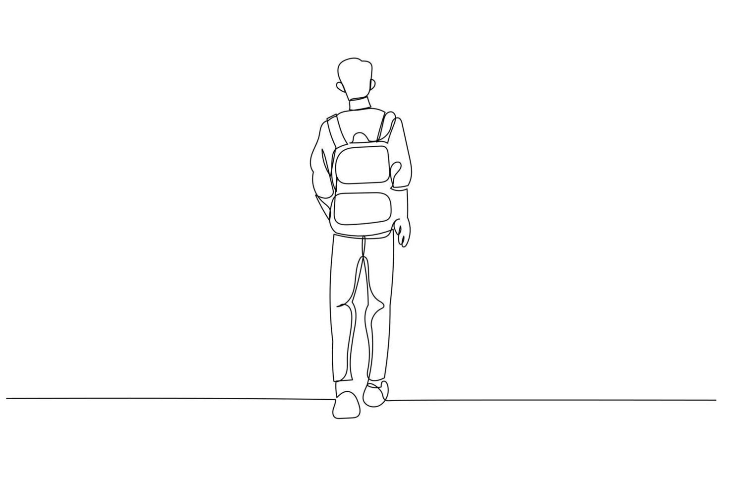 karikatur eines jungen studenten in lässiger kleidung, mit rucksack, rückansicht. einzeiliger Kunststil vektor