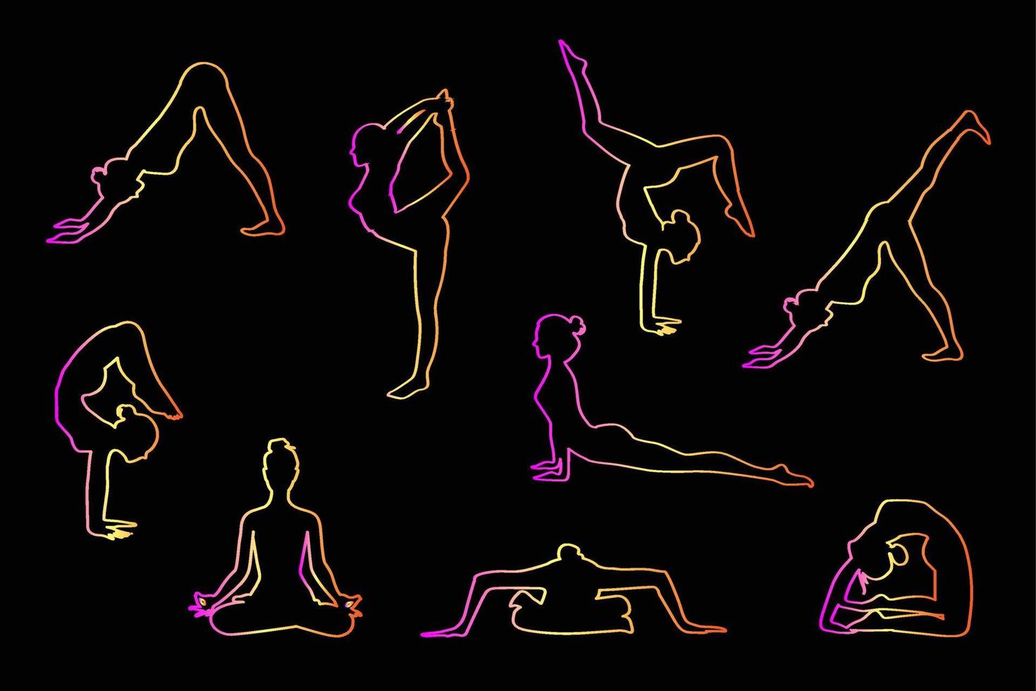uppsättning av smal sportig ung kvinna som gör yoga eller fitnessövningar. vektor